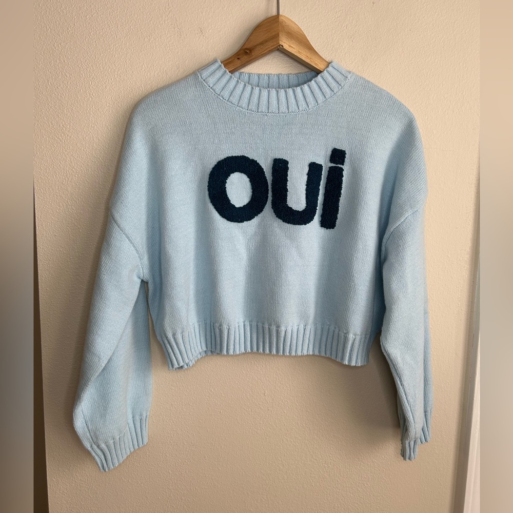 Sincerely Jules Light Blue OUI French Crop Knit Crew Neck Pullover Sweater XS